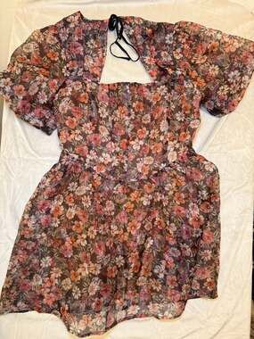 Lost + Wander Botanique Mini Dress Black Floral Organza Puff Sleeve NWT